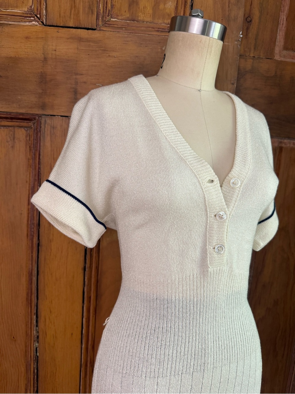 Vintage Ivory Knit Midi Dress | Preppy Ribbed Sweater Dress Soft Minimalist - Picture 3 of 8